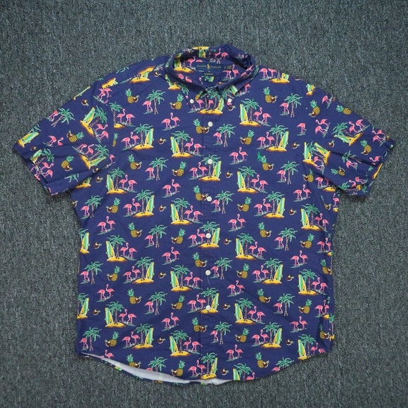 Ralph Lauren Shirt Men Large Blue Classic Fit Flamingo Beach Short Sleeve Button